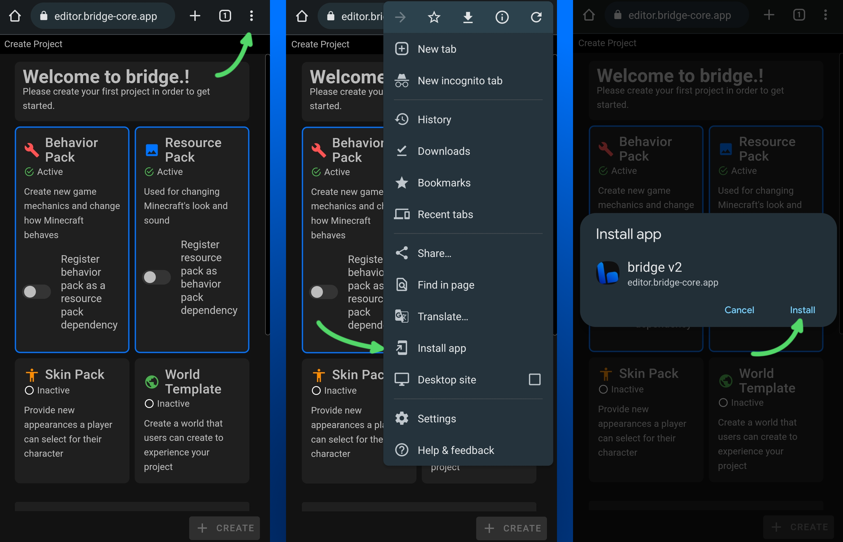 screenshots showing step by step installation on android
