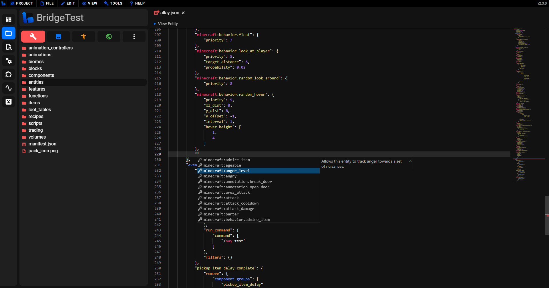 screenshot showing bridge.'s entity component auto-completions