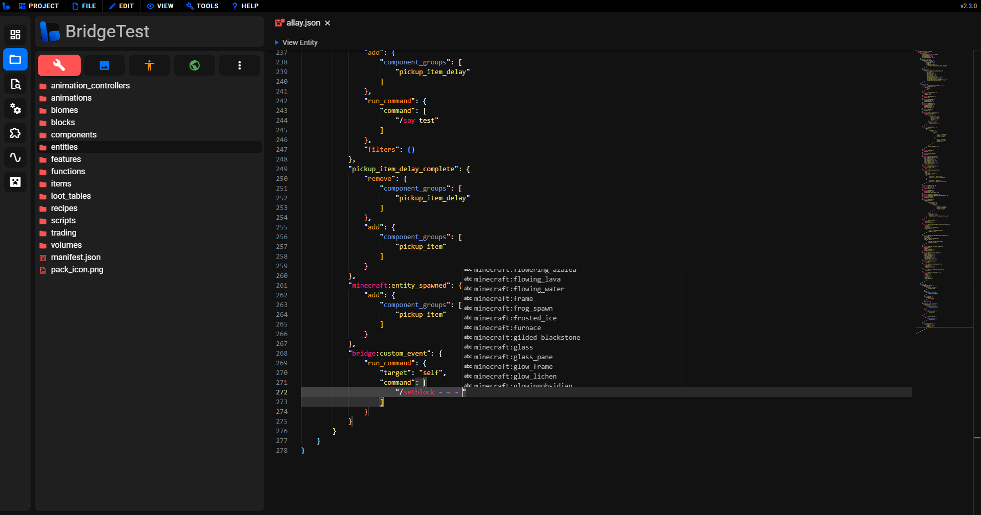 screenshot showing inline command auto-completions