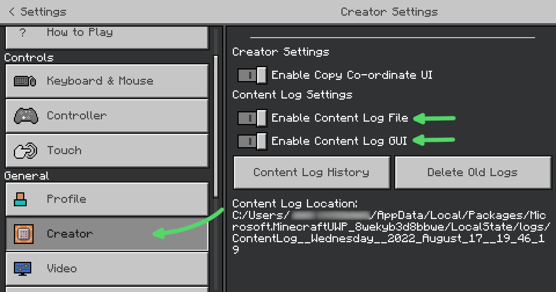 Screenshot showing where to find the content log