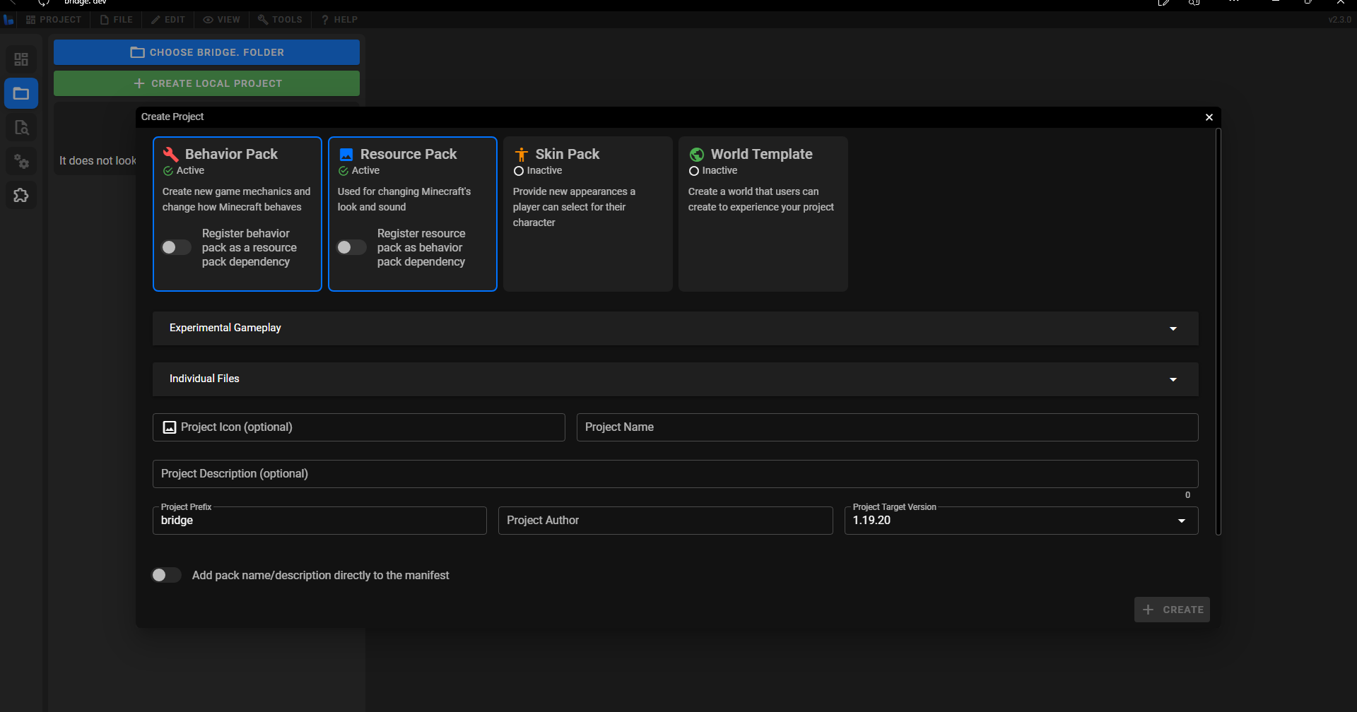 screenshot of the project creation window
