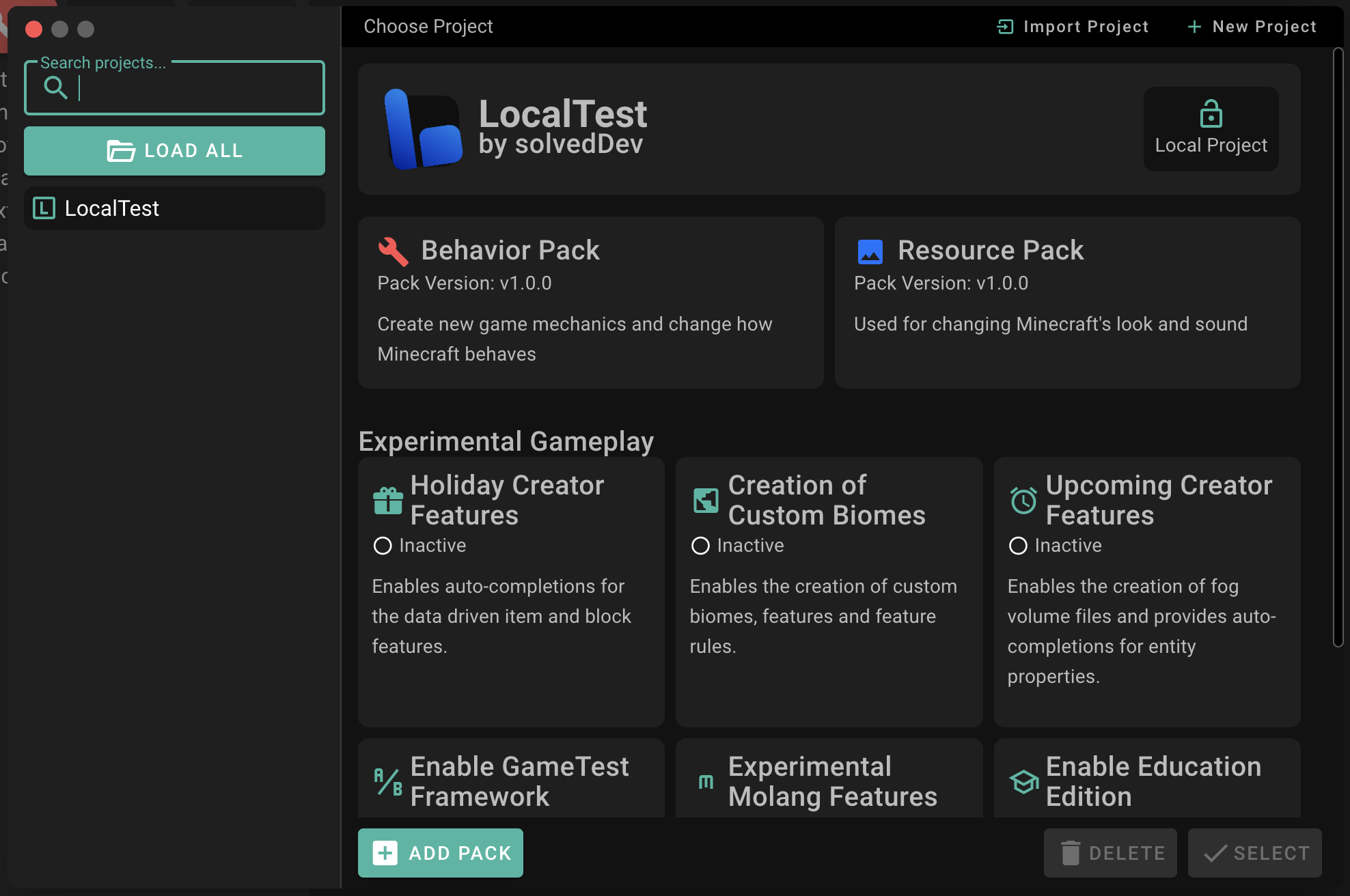 Screenshot of bridge.'s project chooser showing the local project badge.