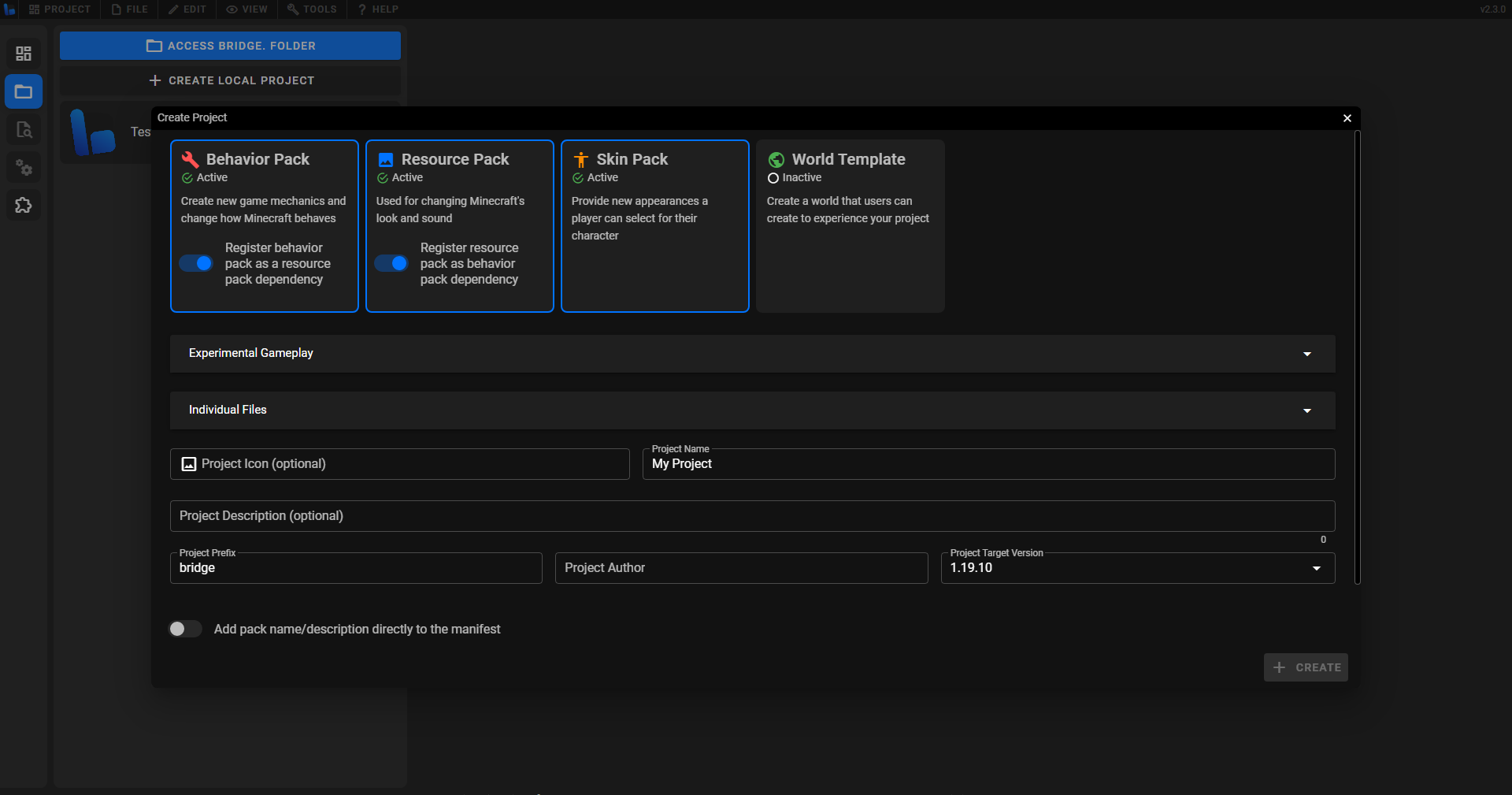 screenshot showing the project creation window