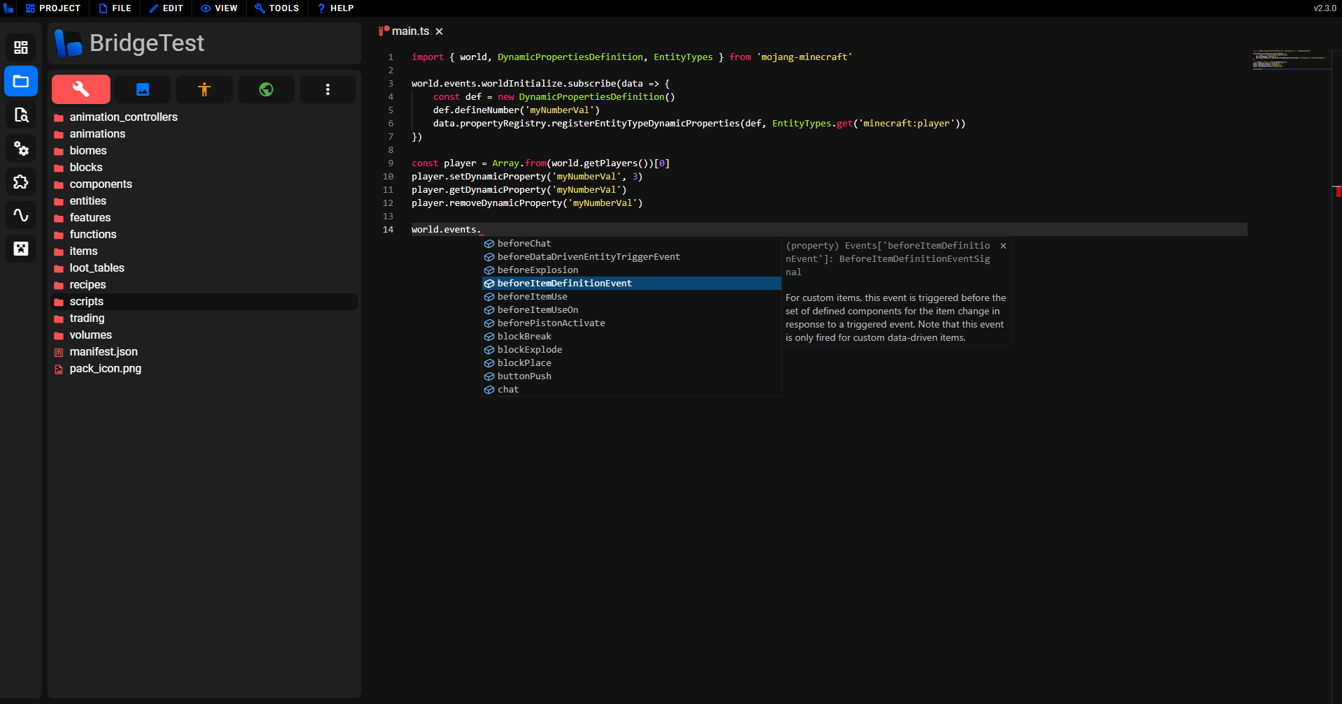 Screenshot showing a GameTest script being edited in TypeScript