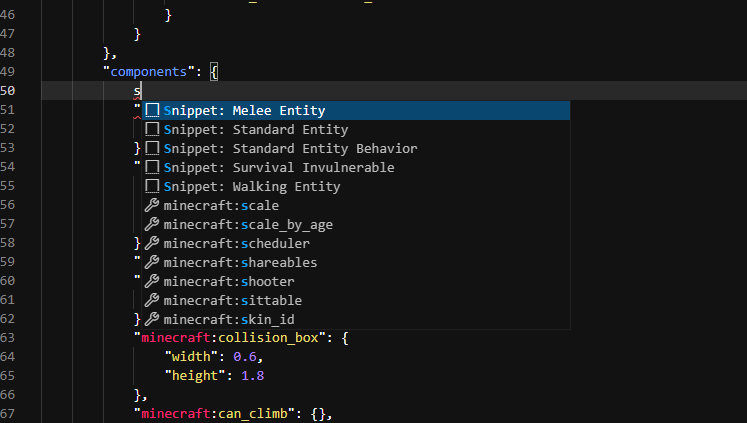 A screenshot showing snippets in the text editor